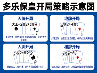 多乐保皇开局策略示意图 - 展示不同开局牌型的处理方法